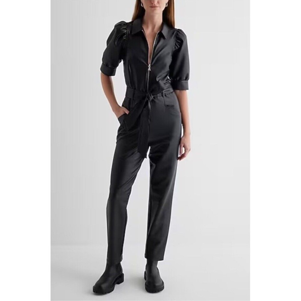 NWT EXPRESS Faux Leather Puff Sleeve Tie Waist Straight Leg Jumpsuit Size XL